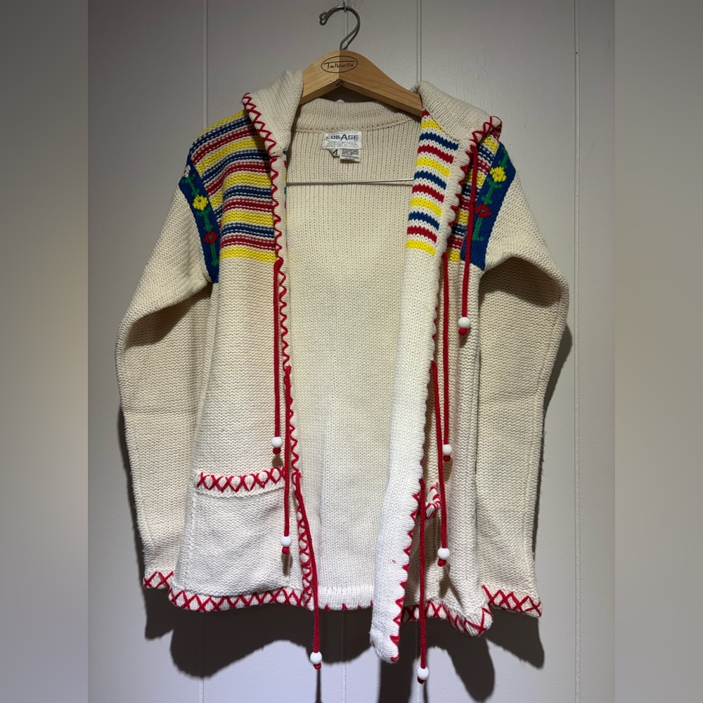 Vintage Collage ivory cardigan sweater native 70’s 80’s red blue yellow medium
